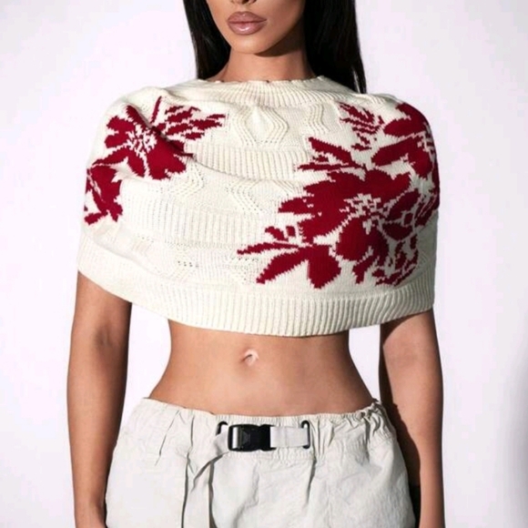 Women Floral Pattern Poncho Style Knitted Sweater - Picture 1 of 4